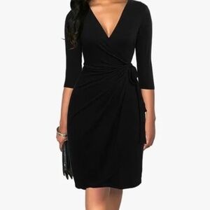 BERYDRESS Black V-Neck 3/4 Sleeve Tie Waist Wrap Sheath Dress M